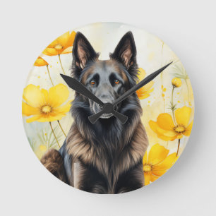 Belgian Tervuren Dog Lover and Poppies Round Clock