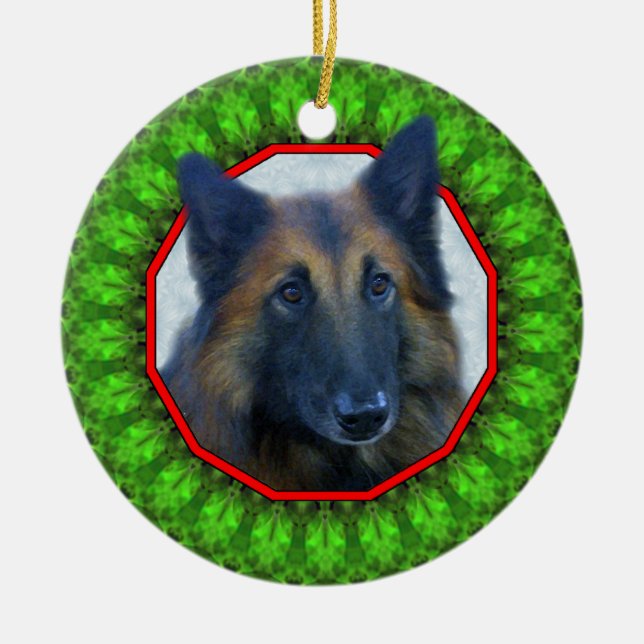 Belgian Tervuren Happy Howliday Ceramic Tree Decoration (Front)