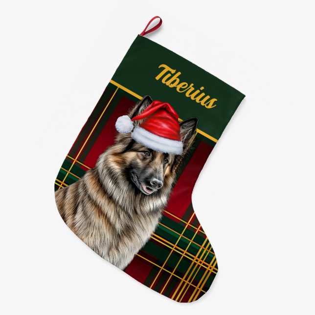 Belgian Tervuren Holiday Plaid with Dog's Name Large Christmas Stocking (Front (Hanging))