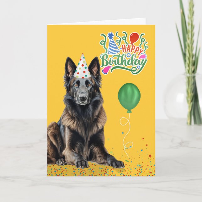 Belgian Tervuren in Party Hat on Yellow Birthday Card (Front)