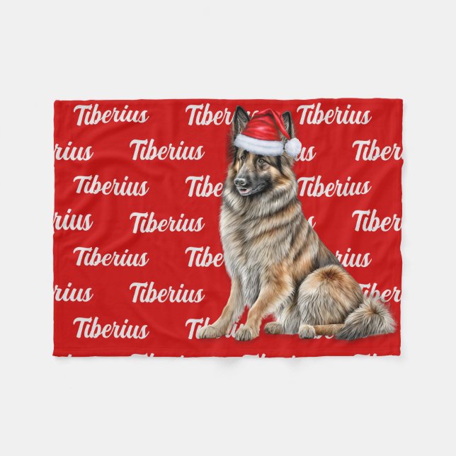 Belgian Tervuren on Red with Name Christmas Dog Fleece Blanket (Front (Horizontal))