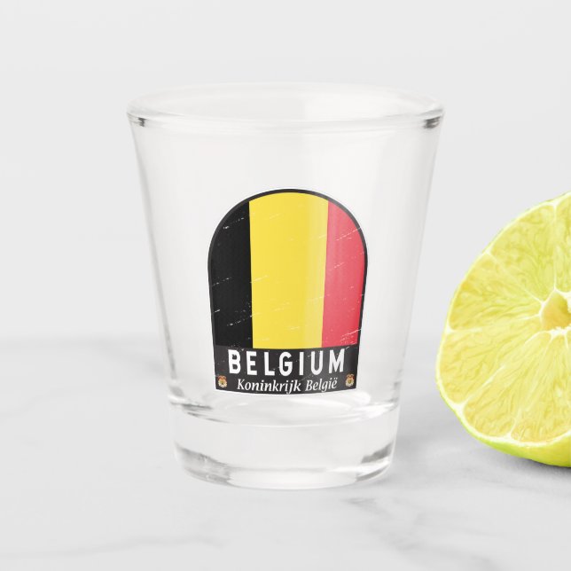 Belgium Flag Emblem Distressed Vintage Shot Glass (Front)