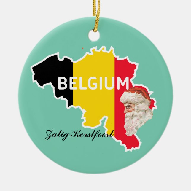 Belgium Map, Flag, Santa and Zalig Kerstfeest Ceramic Tree Decoration (Front)