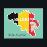 Belgium Map, Flag, Santa and Zalig Kerstfeest Holiday Postcard<br><div class="desc">The outline of the map of Belgium with the national flag covering the inside. The country's name is superimposed over the map. At bottom right is the profile of Santa Claus and at bottom left is "Zalig Kerstfeest" - Merry Christmas in Dutch</div>