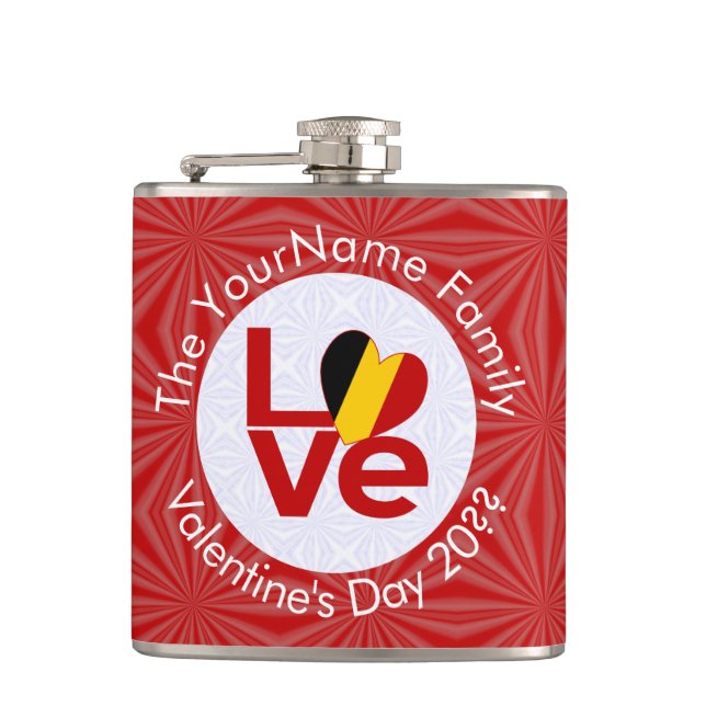 Belgium Red LOVE Flag Personalised  Hip Flask (Front)