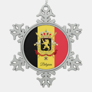 Belgium snowflake, Belgian Flag Snowflake Pewter Christmas Ornament