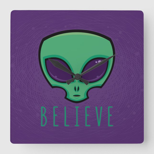 Believe Alien Head Square Wall Clock (Front)