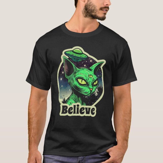 Believe Alien Sphynx Cat UFO T-Shirt (Front)