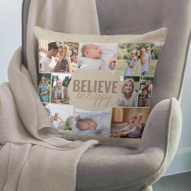 Believe Be Happy 10 Photo Collage Neutral Beige Cushion (Creator Uploaded)