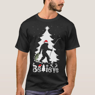Believe Bigfoot Fishing Christmas T-Shirt