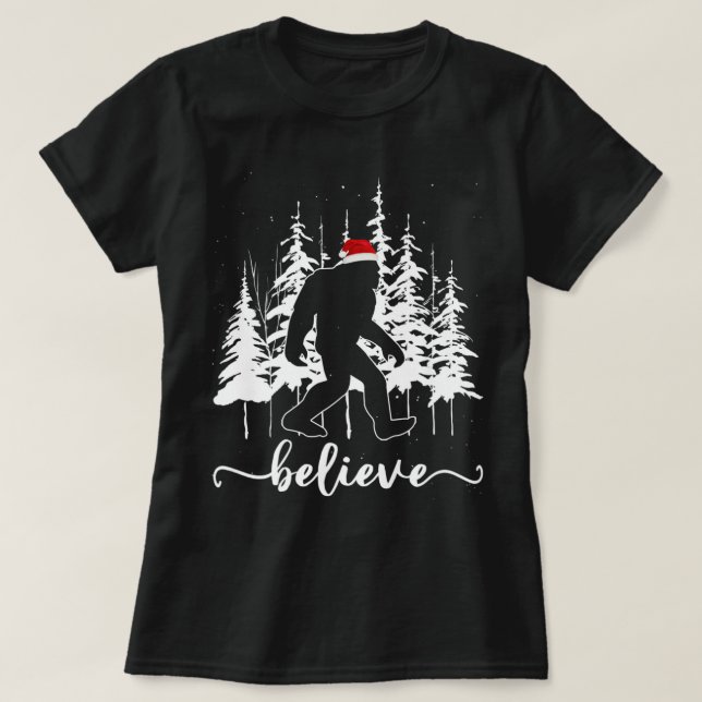 Believe Bigfoot Light Santa Squatch Christmas Tree T-Shirt (Design Front)