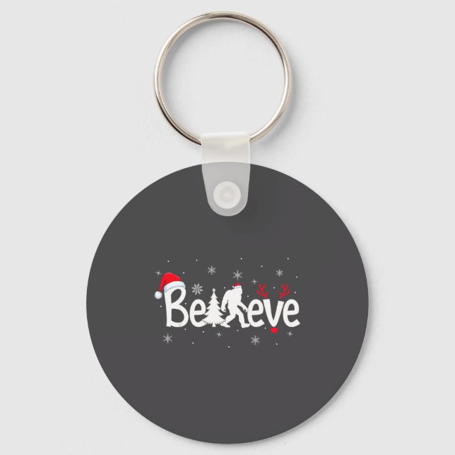Believe Bigfoot Sasquatch Reindeer Santa Hat Merry Key Ring (Front)