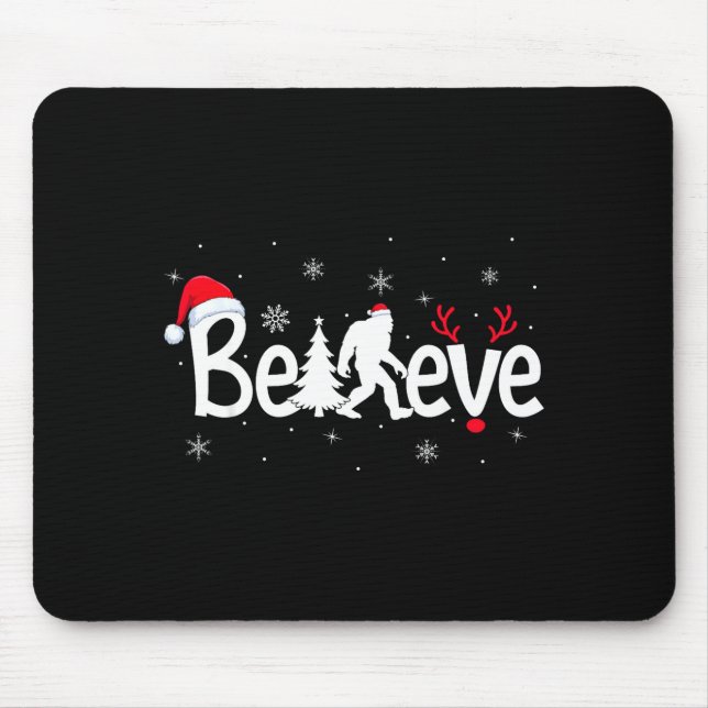 Believe Bigfoot Sasquatch Reindeer Santa Hat Merry Mouse Mat (Front)
