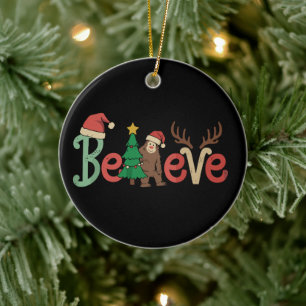 Believe Bigfoot Sasquatch Santa Reindeer Christmas Ceramic Tree Decoration