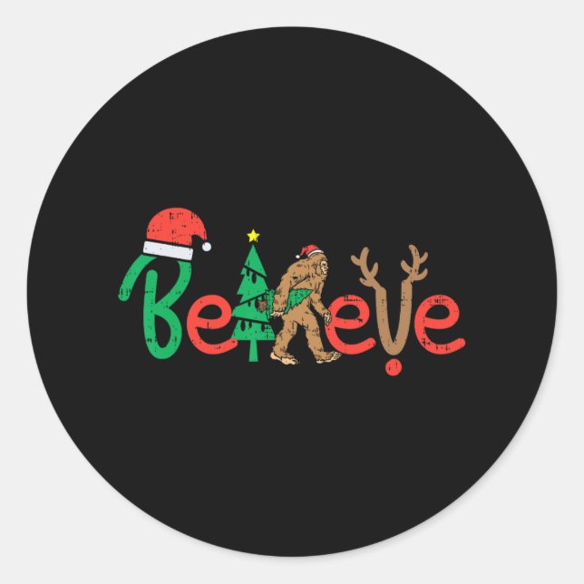 believe bigfoot sasquatch santa reindeer christmas classic round sticker (Front)