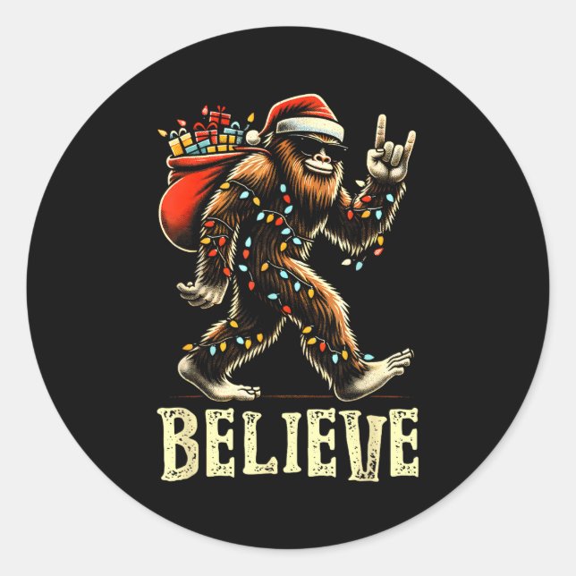 Believe Bigfoot Sasquatch Santa Reindeer Christmas Classic Round Sticker (Front)