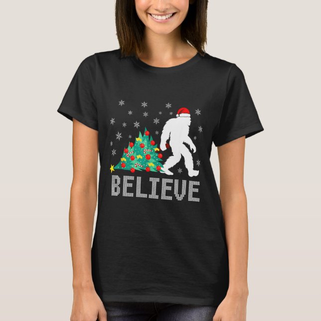Believe Bigfoot Sasquatch Santa Reindeer Christmas T-Shirt (Front)