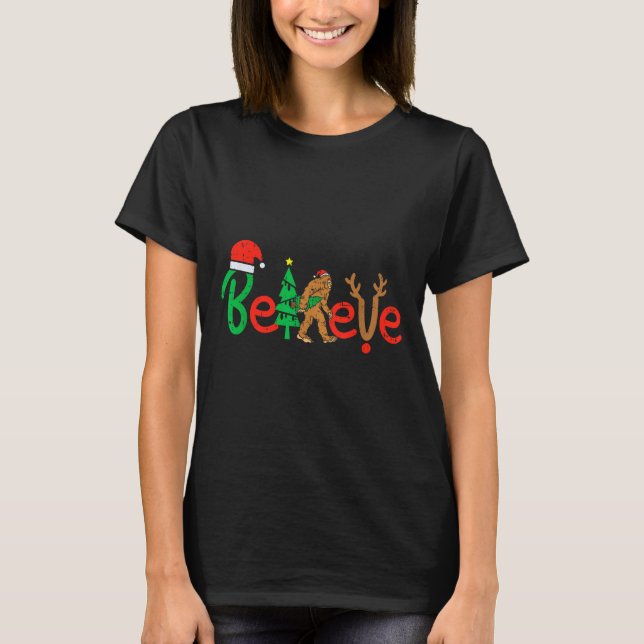 Believe Bigfoot Sasquatch Santa Reindeer Christmas T-Shirt (Front)