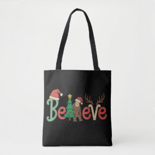 Believe Bigfoot Sasquatch Santa Reindeer Christmas Tote Bag