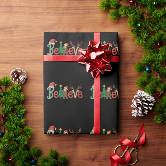 Believe Bigfoot Sasquatch Santa Reindeer Christmas Wrapping Paper (Holiday Gift)