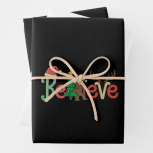 Believe Bigfoot Sasquatch Santa Reindeer Christmas Wrapping Paper Sheet