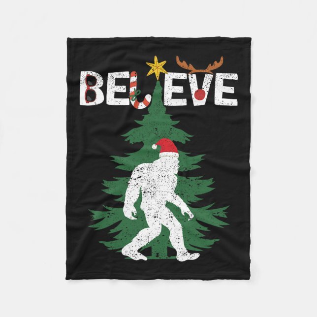 Believe Bigfoot Sasquatch Yeti Santa Hat Christmas Fleece Blanket (Front)