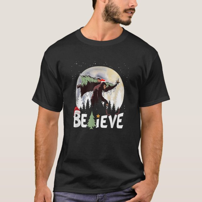 Believe Bigfoot Sasquatch Yeti Santa Hat Christmas T-Shirt (Front)