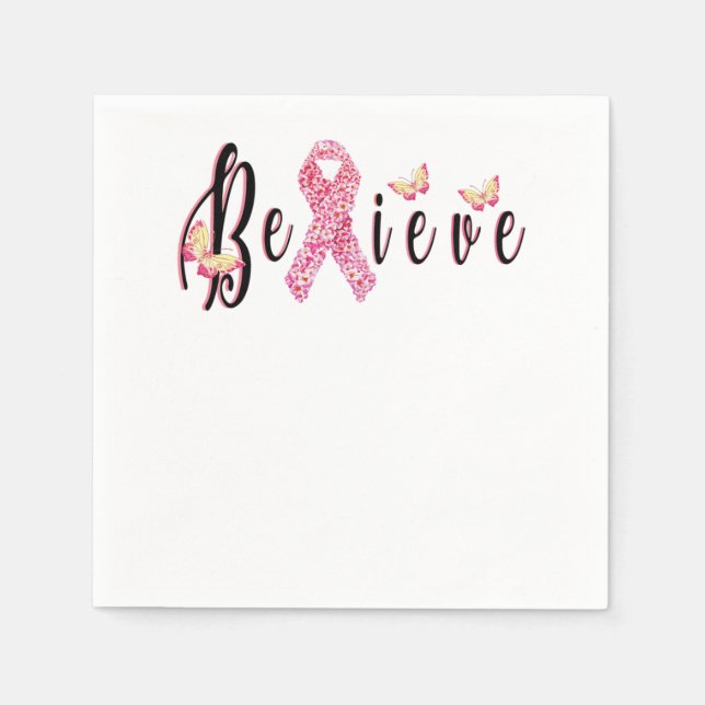 Believe Breast Cancer Awareness Flower Ribbon Napkin (Front)