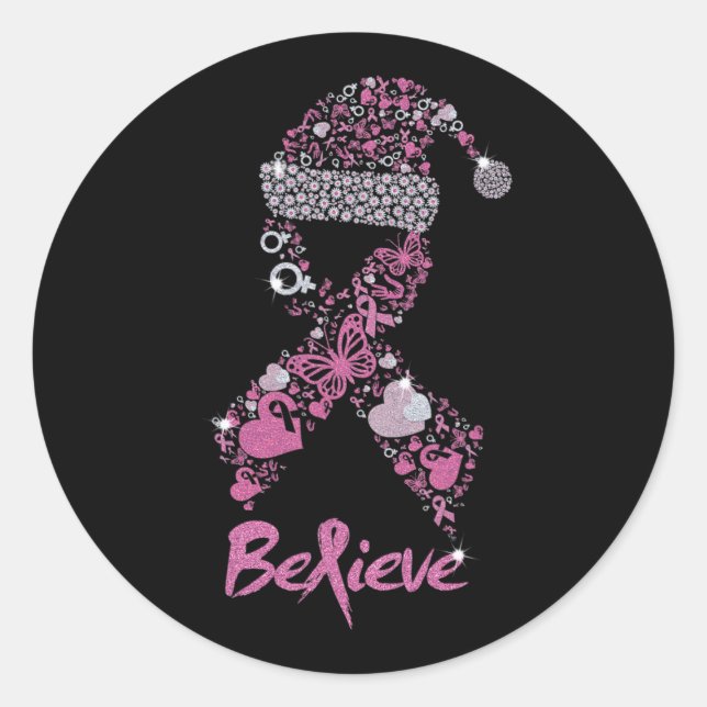 believe breast cancer ribbon christmas santa hat s classic round sticker (Front)