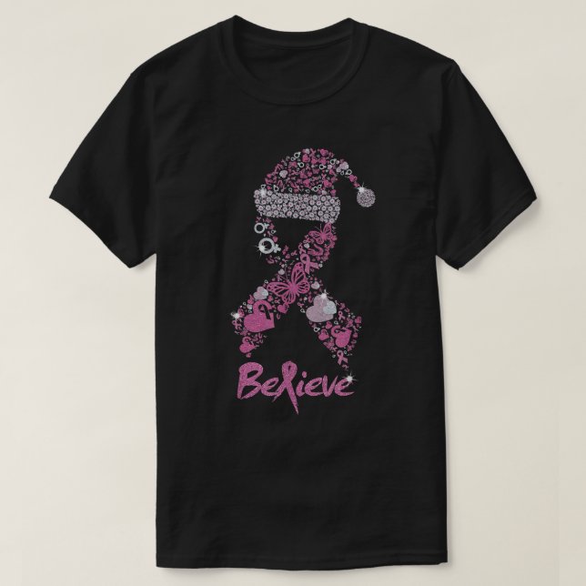 Believe Breast Cancer Ribbon Christmas Santa Hat S T-Shirt (Design Front)