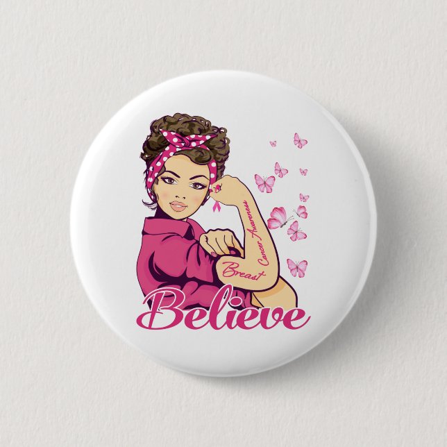 Believe Breast Cancer Warrior T-Shirt Womens 6 Cm Round Badge (Front)