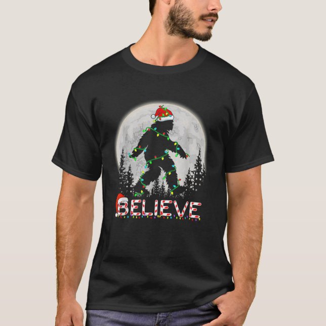 Believe Candy Cane Sasquatch Santa Bigfoot Lights  T-Shirt (Front)