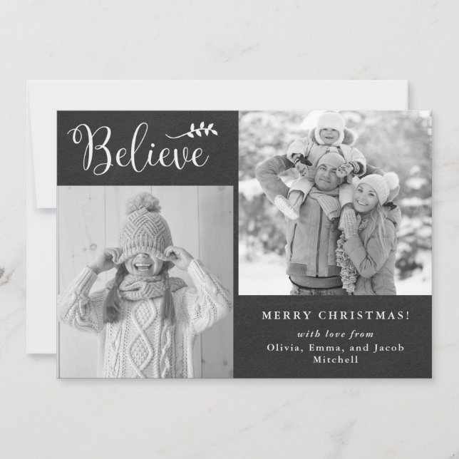 Believe | Chalkboard Christmas Photo Collage Holiday Card (Front)