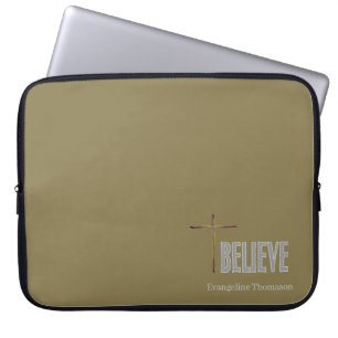 Believe Christian Cross Custom Name Ladies Gold Laptop Sleeve