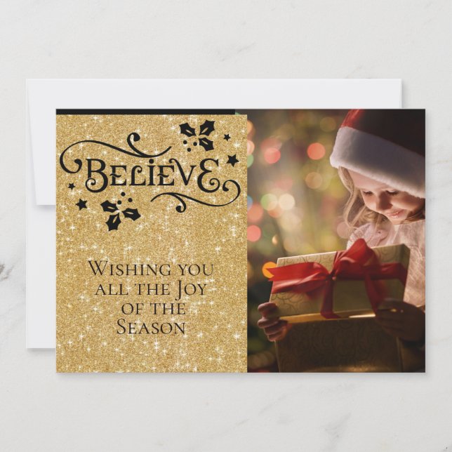 BELIEVE /Christmas/2-Sided/Gold-Black Personalised Holiday Card (Front)