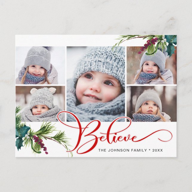 Believe Christmas 5 PHOTO Collage Greeting Holiday Postcard (Front)