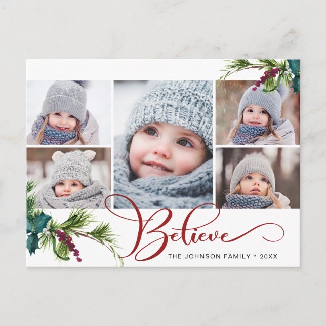 Believe Christmas 5 PHOTO Collage Greeting Holiday Postcard (Front)