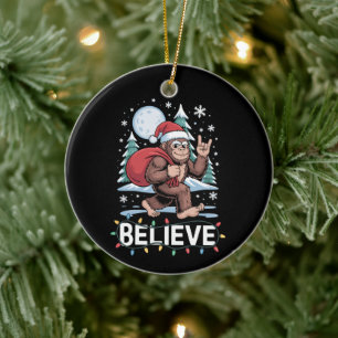 Believe Christmas Bigfoot Sasquatch Santa Hat Moon Ceramic Tree Decoration