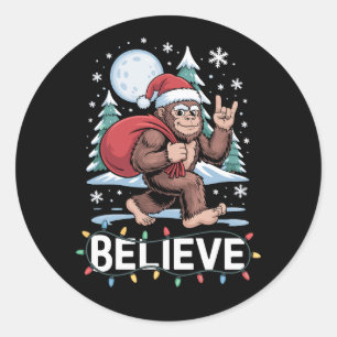 Believe Christmas Bigfoot Sasquatch Santa Hat Moon Classic Round Sticker
