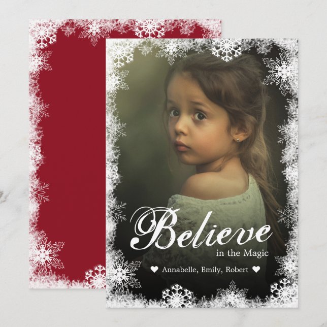 Believe Christmas Cards Modern Snowy Holiday Photo (Front/Back)