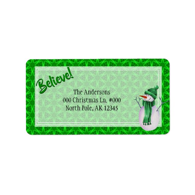 Believe / Christmas Green Star Pattern / Snowman Label (Front)