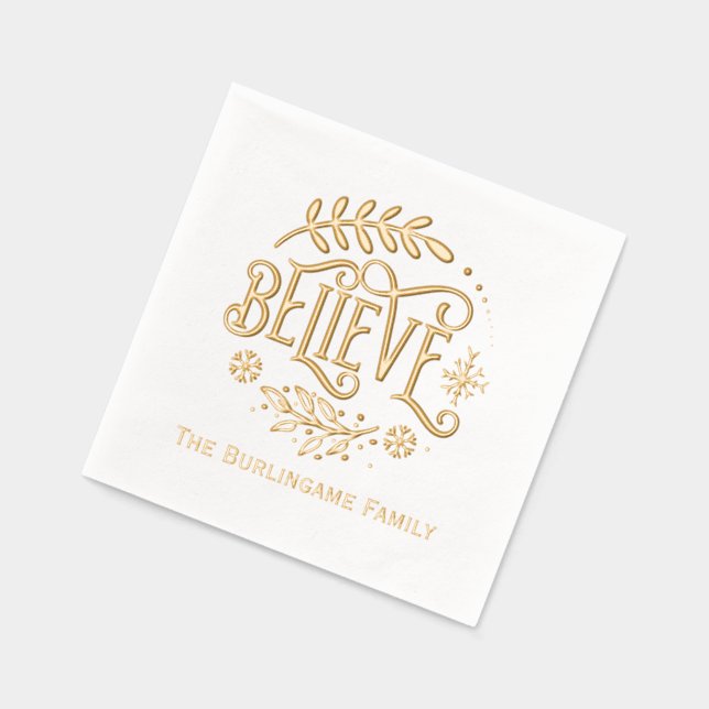 “Believe” Christmas Greeting with Family Name Foil Napkins (Left)