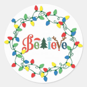 Believe Christmas Holiday Lights Classic Round Sticker