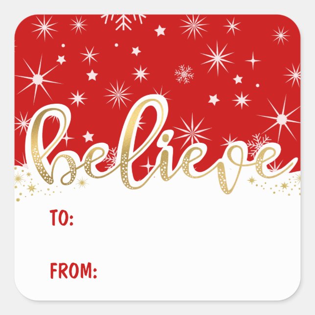 Believe Christmas Red Handwritten Gift Tag Sticker (Front)
