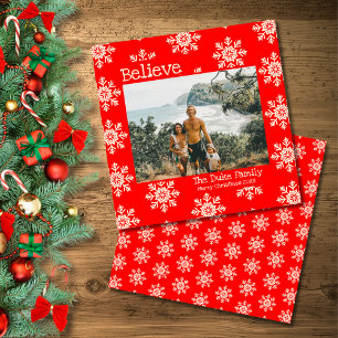 Believe Christmas Red Snowflakes Family Photo
