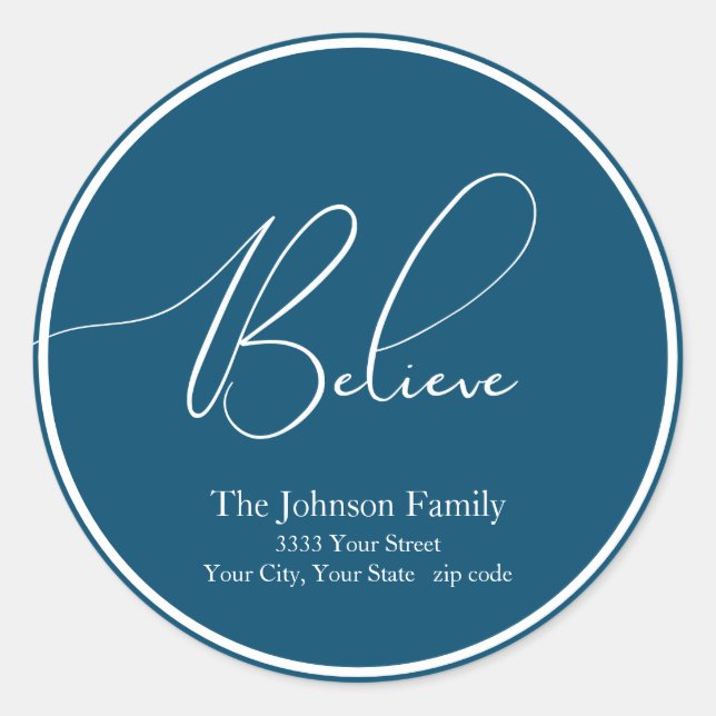 Believe Christmas Round Blue Return Address Label (Front)