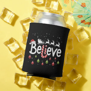 Believe Christmas Santa Claus Reindeer Candy Cane Can Cooler