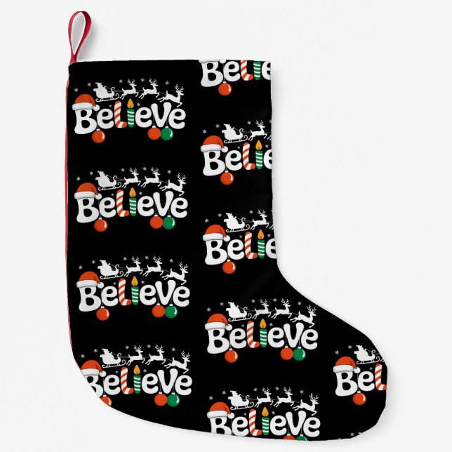 Believe Christmas Santa Sleigh Reindeer Candy Cane Small Christmas Stocking (Front)