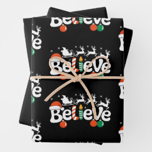 Believe Christmas Santa Sleigh Reindeer Candy Cane Wrapping Paper Sheet