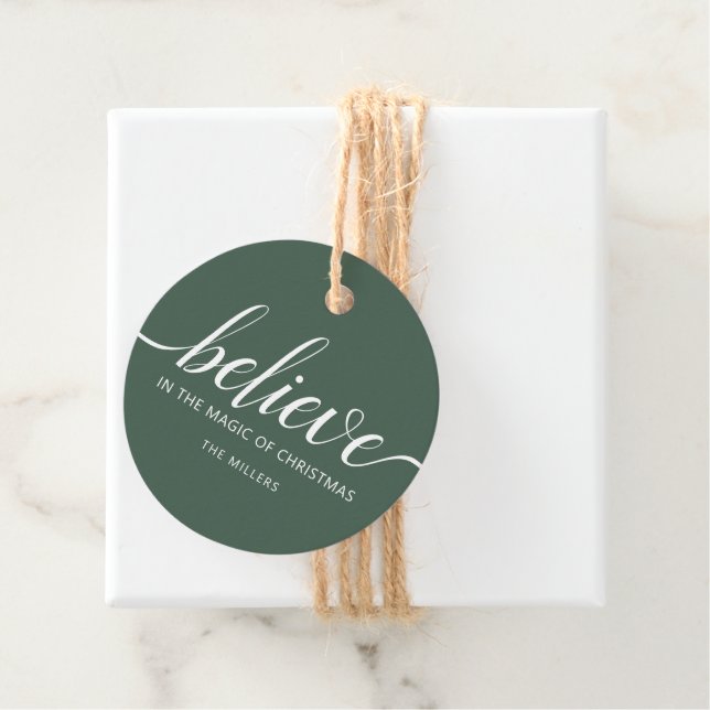 Believe Christmas Script Green Favour Tags (In Situ)